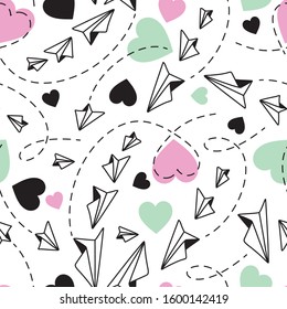 Valentines Flying Paper Planes and Hearts Seamless Pattern on White Background