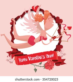 Valentine's frame with hearts, rose and two pigeons that hold a red banner with lettering Happy valentine's day. At the middle, cartoon pretty female cupid with wings, ginger hair. vector illustration