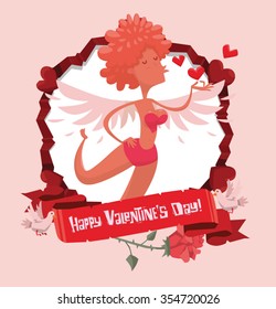 Valentine's frame with hearts, rose and two pigeons that hold a red banner with lettering Happy valentine's day. At the middle, cartoon pretty female cupid with wings, ginger hair. vector illustration