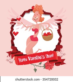 Valentine's frame with hearts, rose and two pigeons that hold a red banner with lettering Happy valentine's day. At the middle, cartoon pretty female cupid with wings, ginger hair. vector illustration