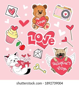 Valentine's Funny animals collection. Bear, pug dog and kitten with different vector elements. Fashion patch badges Stickers