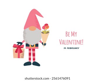 Valentines funny card banner poster illustration with gnome with gifts