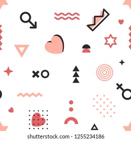 Valentines geometric pattern in Memphis style. Vector wallpaper with line elements, abstract geometric figures and hearts. 