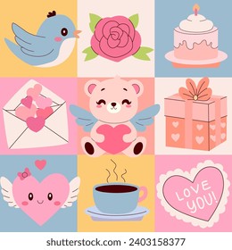 Valentines geometric seamless pattern. Colorful holiday icons elements. Modern romantic design for greeting cards, posters, wrapping, pack paper.