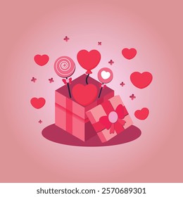 Valentine's Gift Box with Hearts and Lollipops Flat Vector