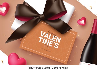 Valentine's gift greeting card vector design. Happy valentine's day gift box with ribbon and wine bottle romantic holidays concept. Vector illustration hearts day invitation card.

