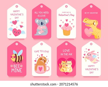 Valentines gift tags with animals. Dinosaur, koala with hearts, cupid, cat couple and love bee. Romantic valentine day tag labels vector set