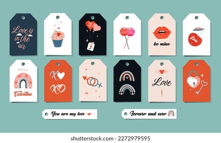 Valentines gift tags. Romantic valentine day tag labels set.Valentines day cards, hearts and kisses. Cute love gift tags with quotes. Happy valentine design set.	