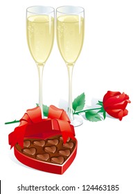 Valentines gift. Vector of two Champagne Flutes,  Red rose  and heart shaped box of chocolates candy isolated on white background