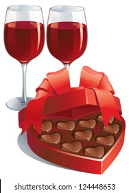 Valentines gift. Vector of two wineglasses with Red wine  and heart shaped box of chocolates candy isolated on white background