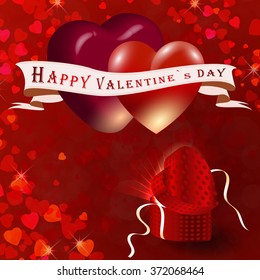 Valentines gifting box with big red hearts and small hearts on an abstract background. Vector Illustration