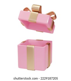 Valentines gifts box open 3d render. Pink box with gold glossy ribbon isolated on white background. Holiday decoration presents. Realistic icon for birthday or wedding banners.