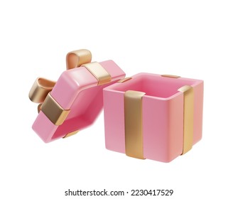 Valentines gifts box open 3d render. Pink box with gold glossy ribbon isolated on white background. Holiday decoration presents. Realistic icon.