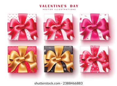 Valentine's gifts box vector set design. Valentine's day gift boxes colorful elements collection for holiday season elegant surprise present decoration. Vector illustration gift boxes collection. 
