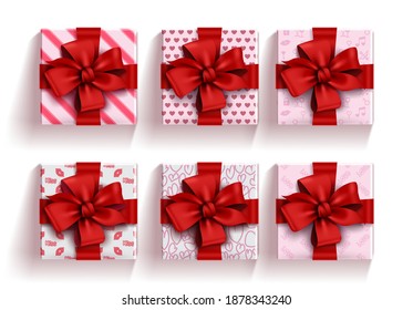 Valentine's gifts vector set. Valentine's day gift elements with red ribbon isolated in white background for valentine surprise collection design. Vector illustration