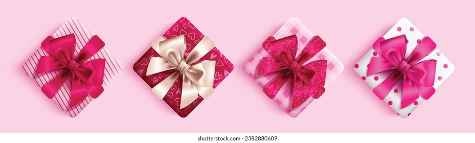 Valentine's gifts vector set design. Valentine's day gift boxes surprise and present elements in pattern, stripe and dots wrapper. Vector illustration gift boxes collection.
