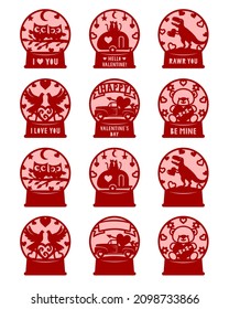 Conjunto de vectores de Valentines. Símbolos de amor. Plantilla de corte de papel con frases. Lechuza, camping, aves, dinosaurio, camión, oso. Para tarjeta, ventana, regalo, decoraciones de pared. Ilustraciones románticas aisladas en blanco.