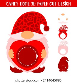 Valentines Gnome candy dome holder with heart. Paper cut template. Vector illustration. Cute holiday symbol. 3D layered Valentines ornament for sweets.