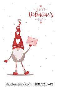 Valentines gnome with envelope. Mail with love message. Holiday greeting card. Cute little elf in red hat. Vector illustration in flat style. Nordic design for banner, social media poster and website.