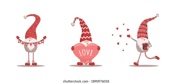 Valentines gnomes in red hat. Lovely scandinavian elf isolated on white background. Cute festive elements of 14 february. Vector illustration in flat cartoon style.