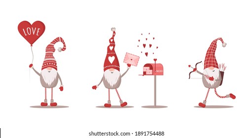 Valentines gnomes in red hat. Lovely scandinavian elf isolated on white background. Cute festive elements of 14 february. Vector illustration in flat cartoon style.