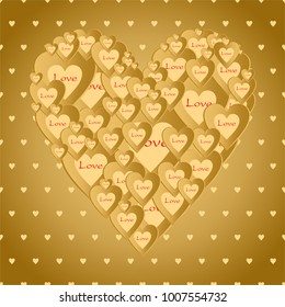 Valentines gold background with dark gold heart with gold hearts composition with red love lettering. Greeting for lovers and for Mother's Day