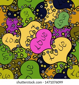 Valentine':s with green, yellow and black elements. Heart pattern. Vector illustration. Seamless Geek valentine':s day hearts background.