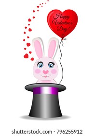 Valentines greeting card with  cute cartoon pink rabbit with red heart shaped balloon with text happy valentine's day sitting in the black magic cylinder hat on white background. Vector illustration.