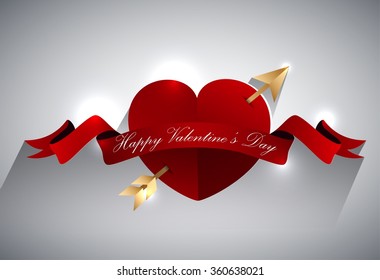 Valentines greeting card design, heart with gold arrow and red ribbon.vector