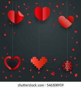 Valentines greeting card. Different shiny vector hearts illustration. Happy Valentines Day greeting card template