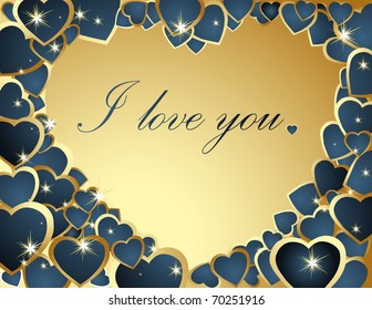Valentine's greeting card with  gold and blue hearts