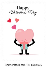 Valentine's Greeting Card with Heart Character and Gift Box, Vector