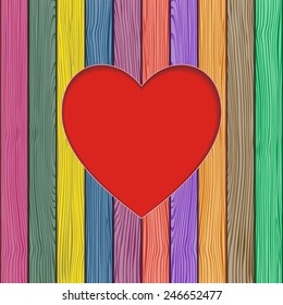 Valentine's greeting card with heart on wooden boards background. Vector illustration Eps8.