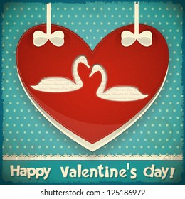 Valentines Greeting Card. Heart with Swans on Blue Retro Background. Vector Illustration.