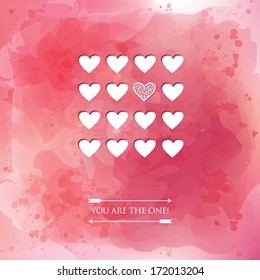 Valentine's greeting card with Heart's collection on the watercolor background