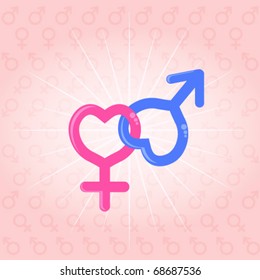 Valentines greeting card of male female symbols stylized with hearts - love concept vector illustration