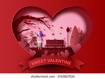 Valentine's greeting card with one couples in loving moment in paper cut style and vector design