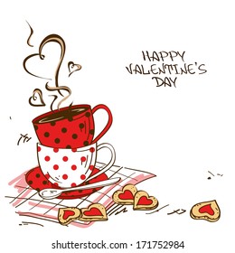 Valentine's greeting card with pair of teacups and cookies