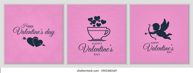 valentines greeting card set. happy valentines day. postcards with hearts, with coffee cup and cupid on pink background