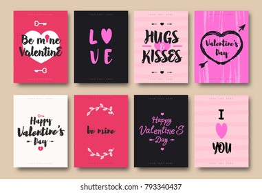 Valentines greeting card set with wishes and heart, key, arrow on different background for special offer, poster, banner sale, promotion, stamp, label, tag, decoration, quote. Vector Illustration