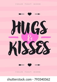 Valentines greeting card with sign hugs and kisses, symbol of heart and arrow on red background for banner sale, promotion, stamp, poster, label, tag, offer, decoration, quote. Vector Illustration