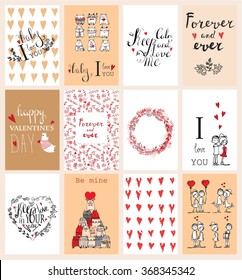 Valentine's greeting cards with cute bear,cats, hearts and floral elements.