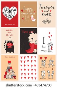 Valentine's greeting cards with cute bear,cats, hearts and floral elements.