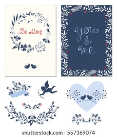 Valentine's greeting cards set with typographic design, heart shape, birds, cupid, decorative frame and ornate floral wreath. Vector illustration.