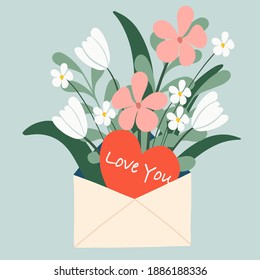  Valentine's greeting envelope with floral - flowers and leaves, card, isolated on background. Design for poster, banner, flyer, web, card, invitation, wallpaper, paper  wedding, mom or mother day.