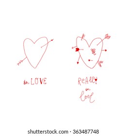Valentines greeting postcard hand drawn hearts red simple i love you. Vector Valentine's day love card template with hand drawn calligraphy doodle element
