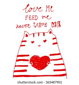 Valentines greeting postcard hand drawn hearts red simple i love you. Vector Valentine's day love card template with hand drawn calligraphy doodle element