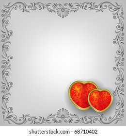 Valentines greeting with red hearts on gray floral background