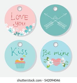 Valentine's greeting tags with cute bear,cats, hearts and floral elements.