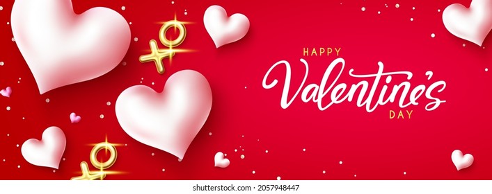San Valentín saluda diseño de fondo vectorial. Feliz texto del día de San Valentín en el espacio rojo con corazones, globos y decoración de confeti para cartel de celebración valentina. Ilustración vectorial.
